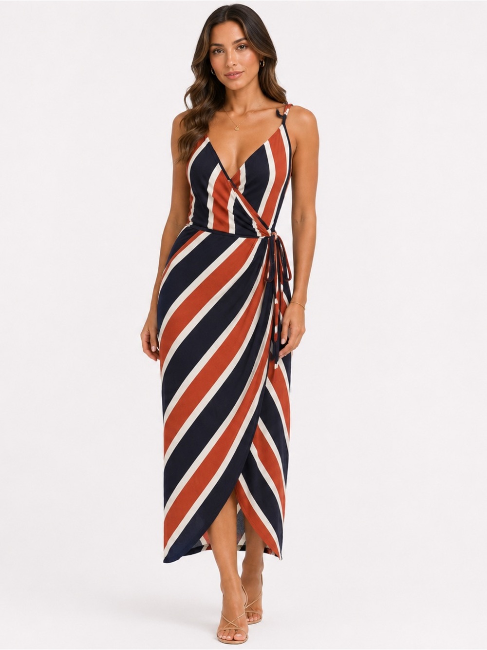 Market & Spruce Striped Wrap Midi Dress — Rust, Navy & White
